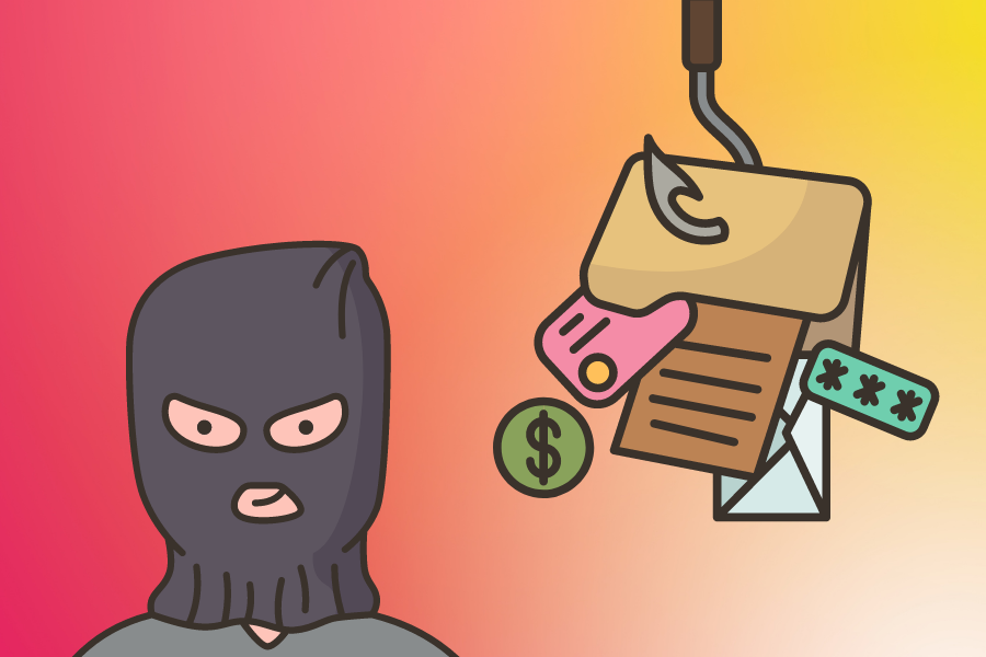 A cartoon criminal stealing money and important information.