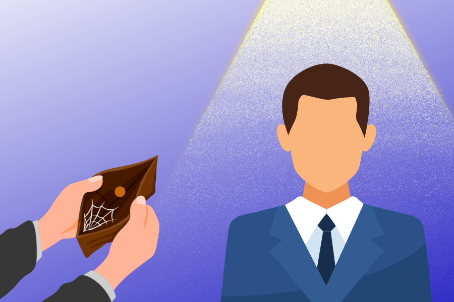 Someone trying to give money to a fake guru, but their wallet is empty.