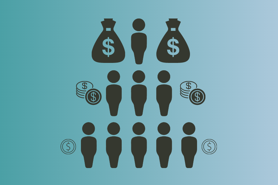 A pyramid scheme structure with those at the top making a lot and those at the bottom making less and less.